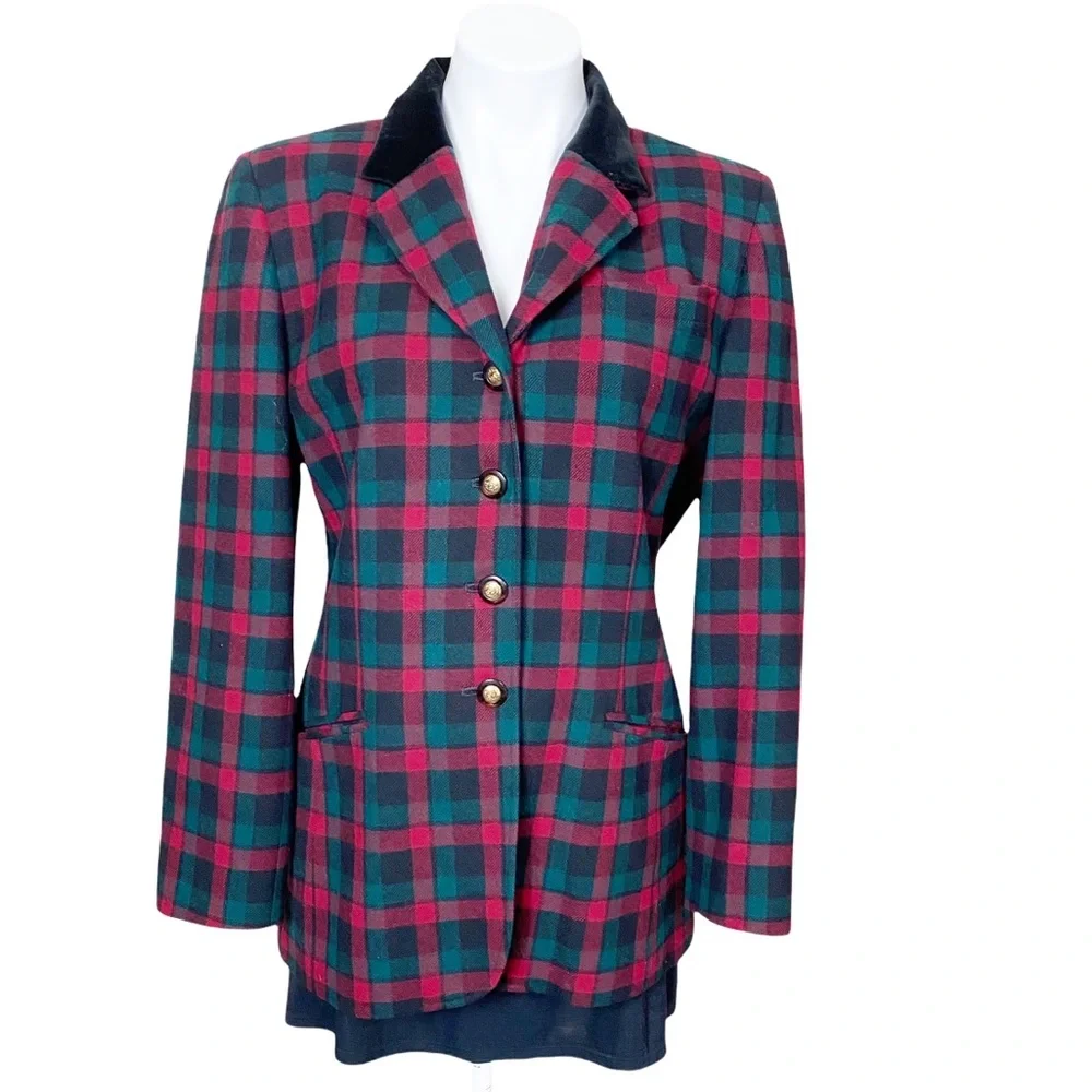 Vintage Red Green Wool Plaid Pendleton Blazer With Velvet Collar - Picture 3 of 13